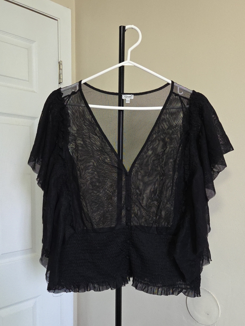 Kismet Black Sheer Ruffle-Sleeve V-Neck Blouse